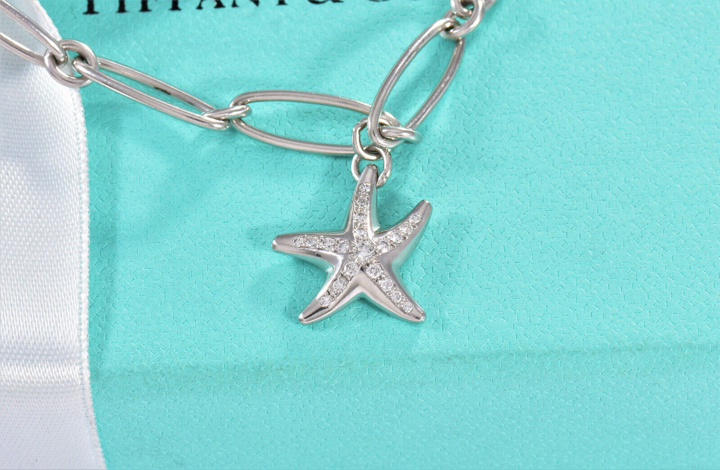 Tiffany & Co Elsa Peretti Diamond Platinum Starfish Charm 7.3" Bracelet in Box