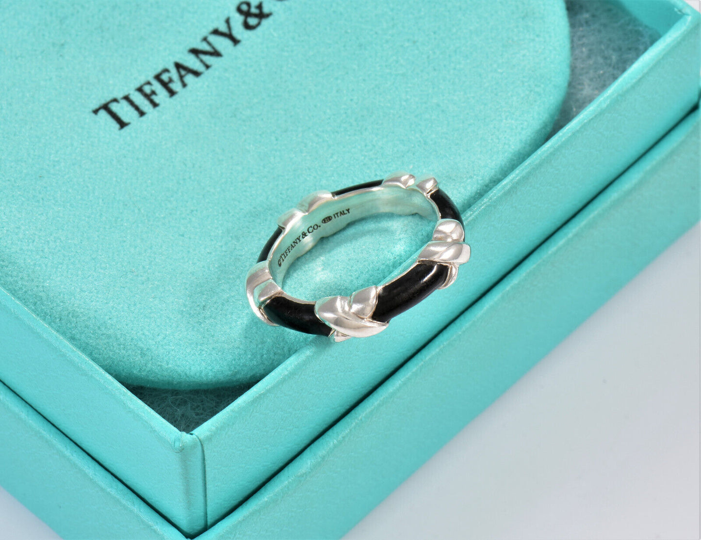 Tiffany & Co Silver Black Enamel Signature X Stack 4mm Ring Size 6 in Pouch Rare