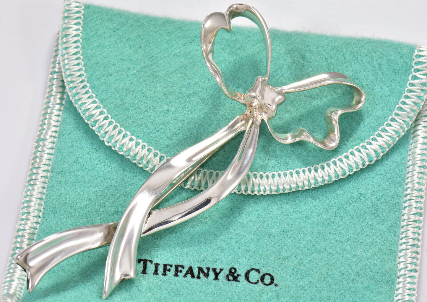 Vintage Tiffany & Co Silver Bow Ribbon Present 3.5" Brooch Rare Pin Elegant Lady