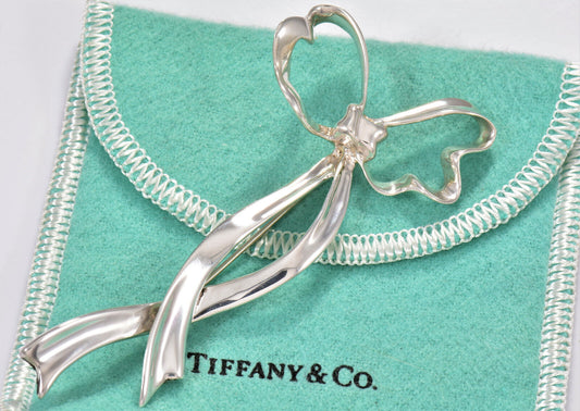 Vintage Tiffany & Co Silver Bow Ribbon Present 3.5" Brooch Rare Pin Elegant Lady