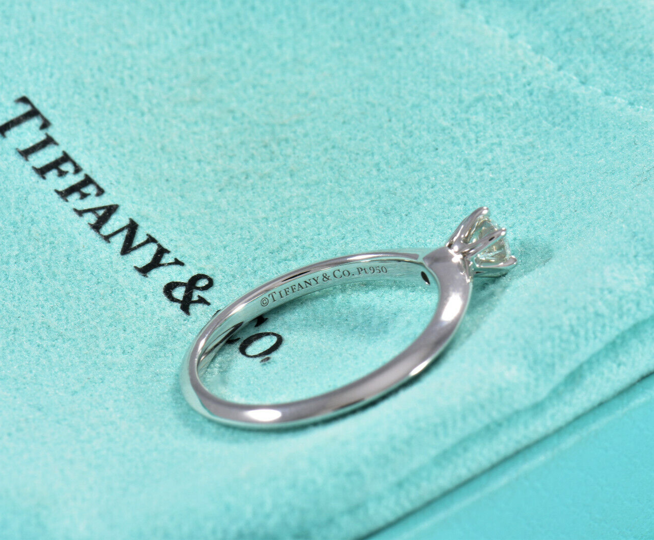 Tiffany & Co Platinum .27 ct Round Solitaire Diamond  Ring Size 5.5 in Box Pouch