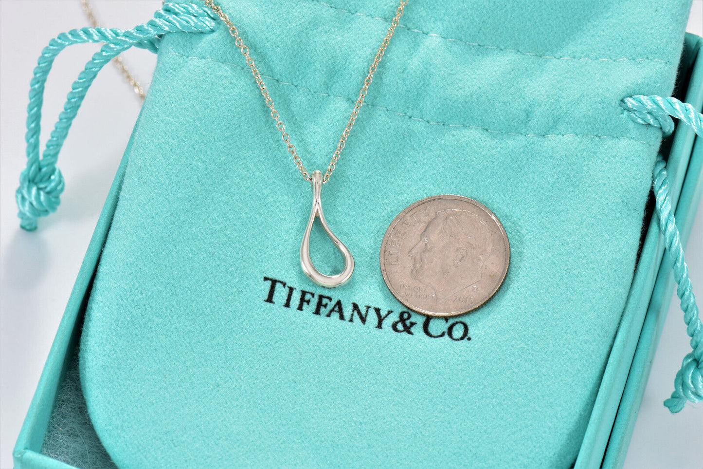 Tiffany & Co Silver Elsa Peretti Open Teardrop Pendant 16" Necklace in Pouch