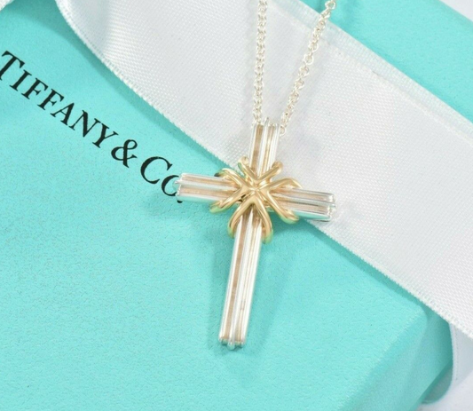 Tiffany & Co 18K Yellow Gold Sterling Silver Cross Necklace in Box Pouch Ribbon