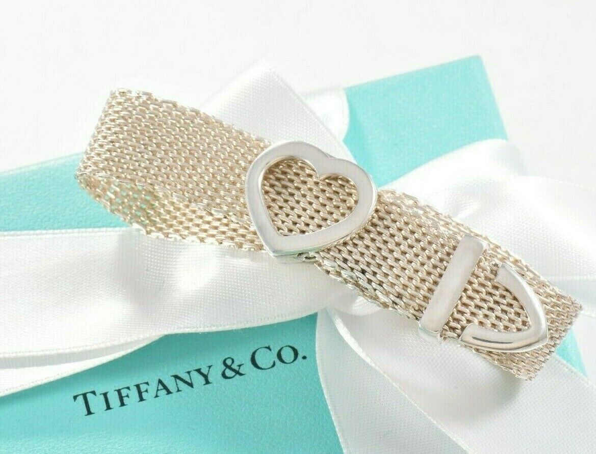 Tiffany & Co Silver Somerset Heart Mesh Belt Buckle 8.5" Bracelet & Pouch Rare