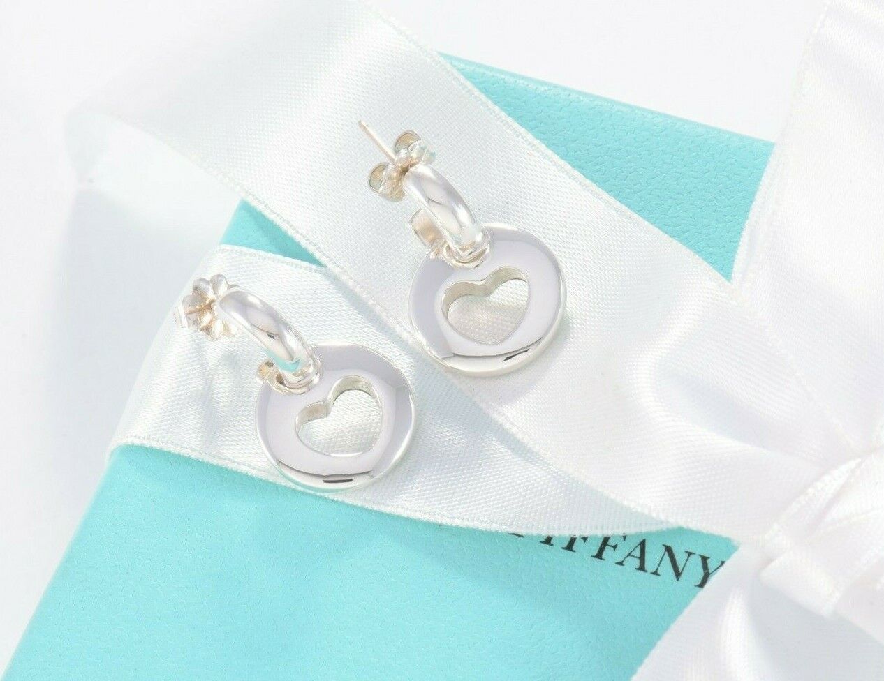 Tiffany & Co Silver Open Heart Cutout Hoop Dangle Stencil Love Earrings 2 in 1