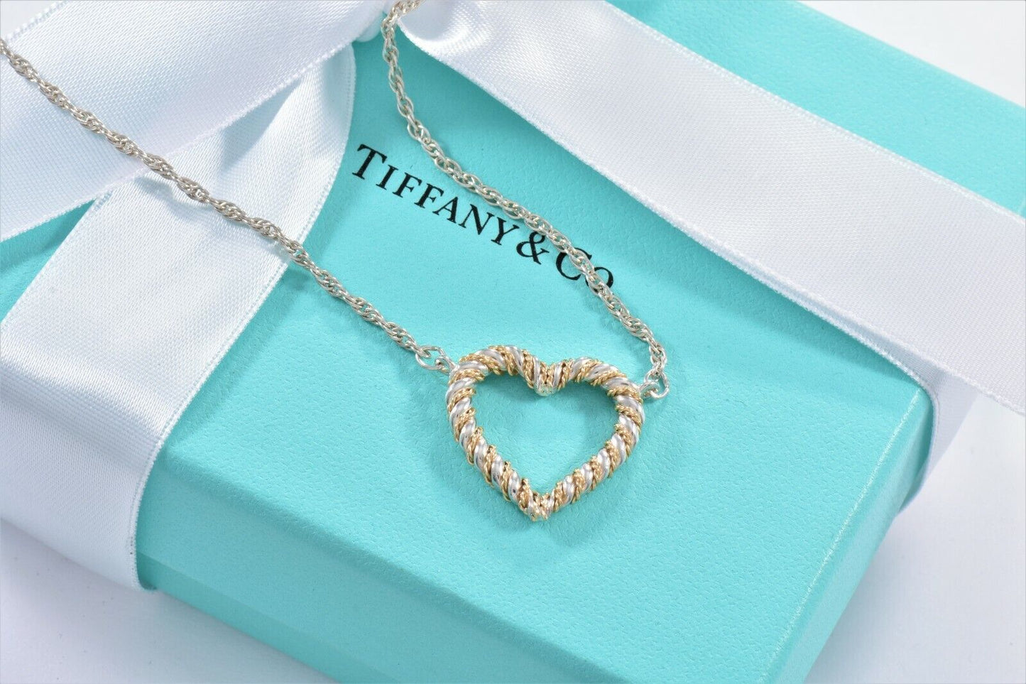 Vintage Tiffany & Co Silver Gold Heart Rope 19" Necklace in Pouch Rare Twist