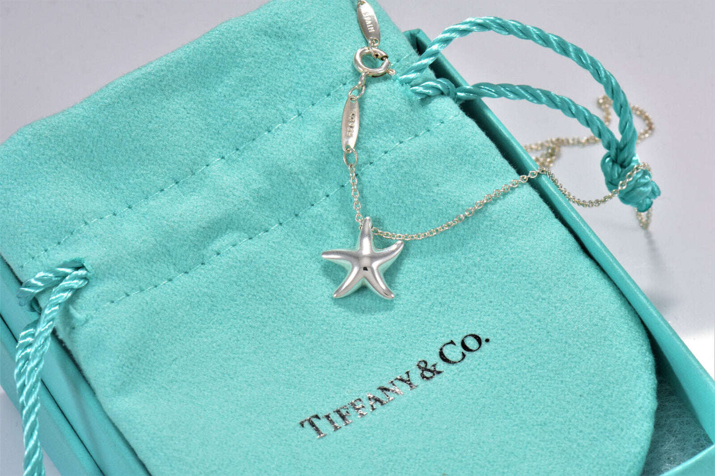 Tiffany & Co Silver Elsa Peretti Small Starfish Pendant 16" Necklace & Box Pouch