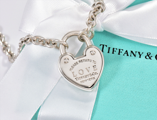 Please Return Tiffany & Co Silver Love Lock Heart Charm 18" Necklace in Pouch