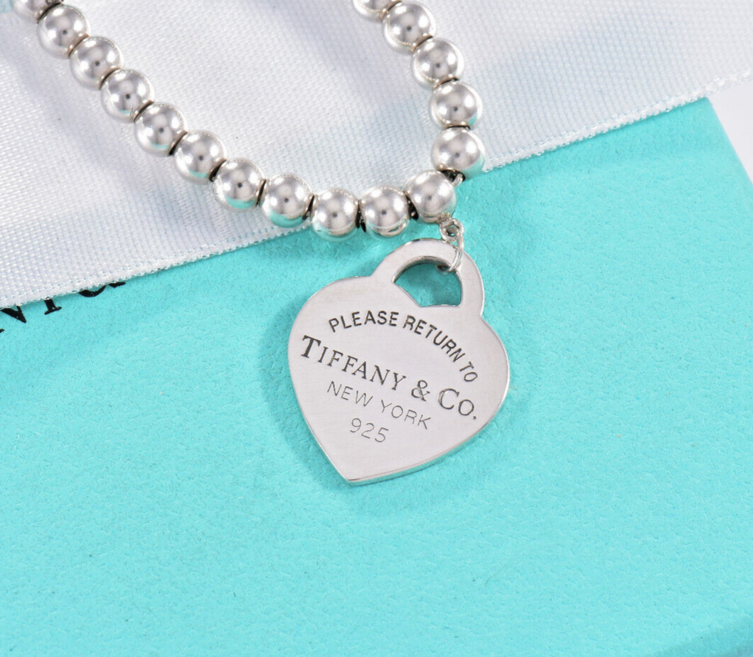 18.25" Please Return To Tiffany & Co Silver Heart Pendant Beaded Necklace Pouch