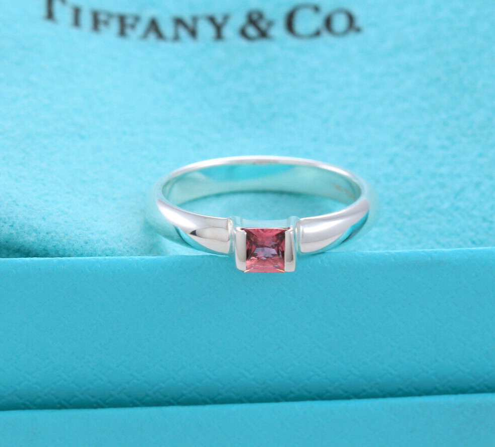 Tiffany & Co Sterling Silver Pink Tourmaline Square Stack Band Ring Size 8 Rare