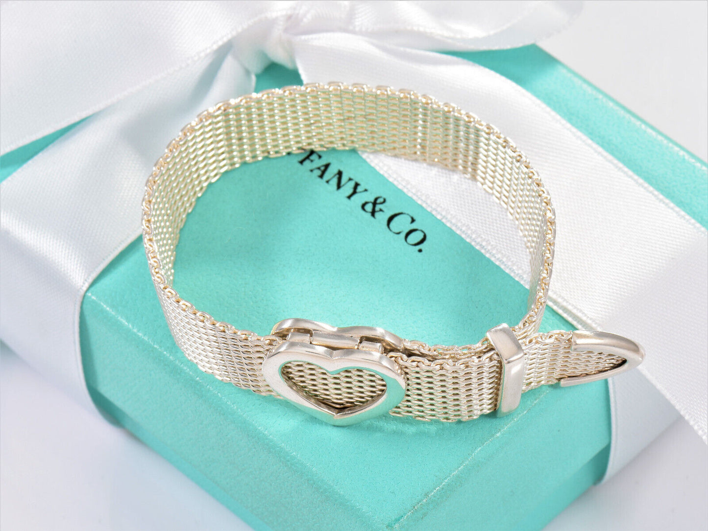 Tiffany & Co Silver Somerset Heart Mesh Belt Buckle 9" Bracelet in Pouch Rare