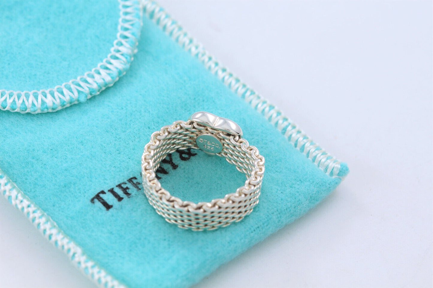 Tiffany & Co Sterling Silver Heart Mesh Love Ring Size 12 and Pouch Rare Lovely