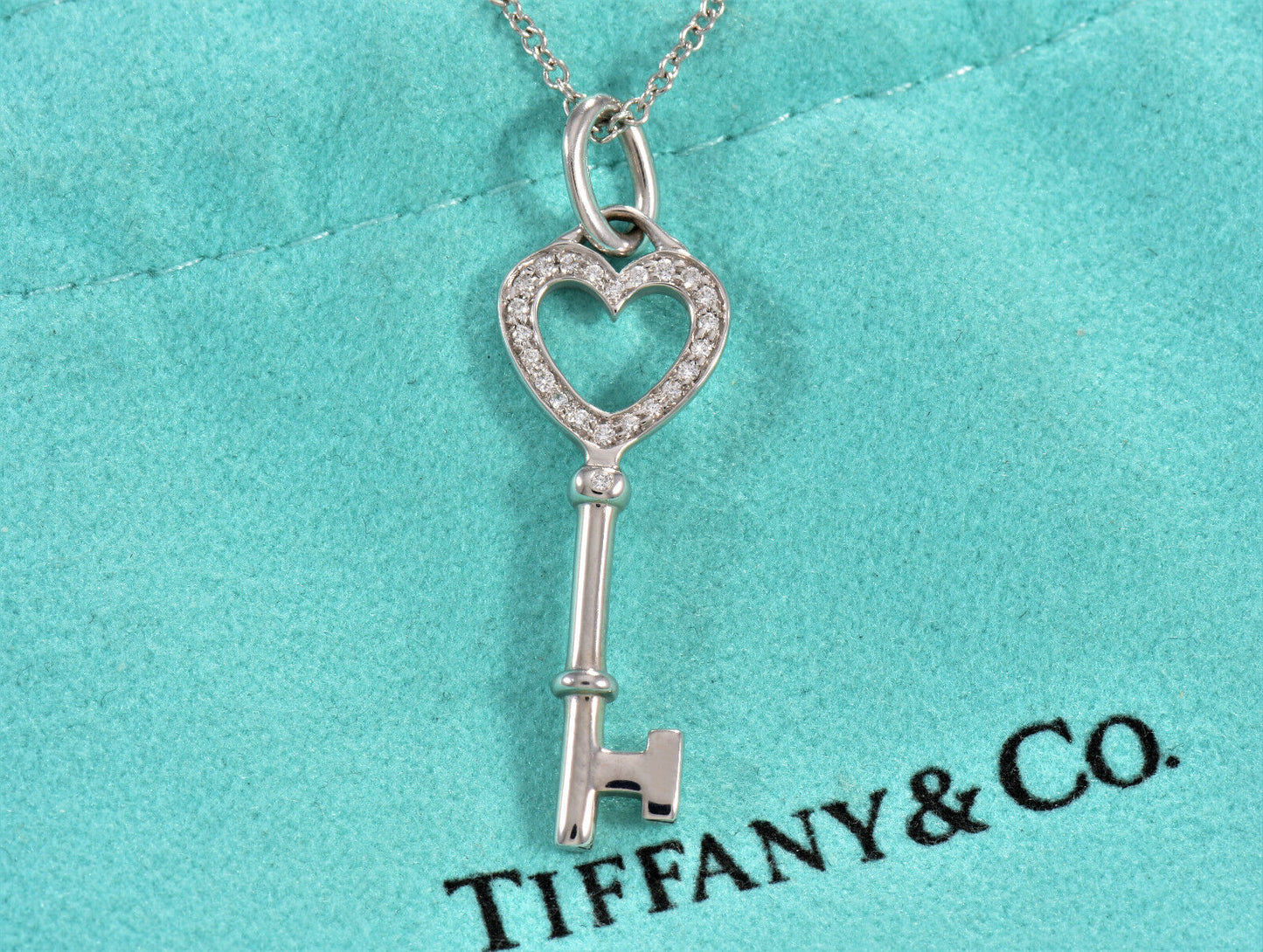 Tiffany & Co Diamond 18K White Gold Heart Key Pendant 18" Chain Necklace in Box