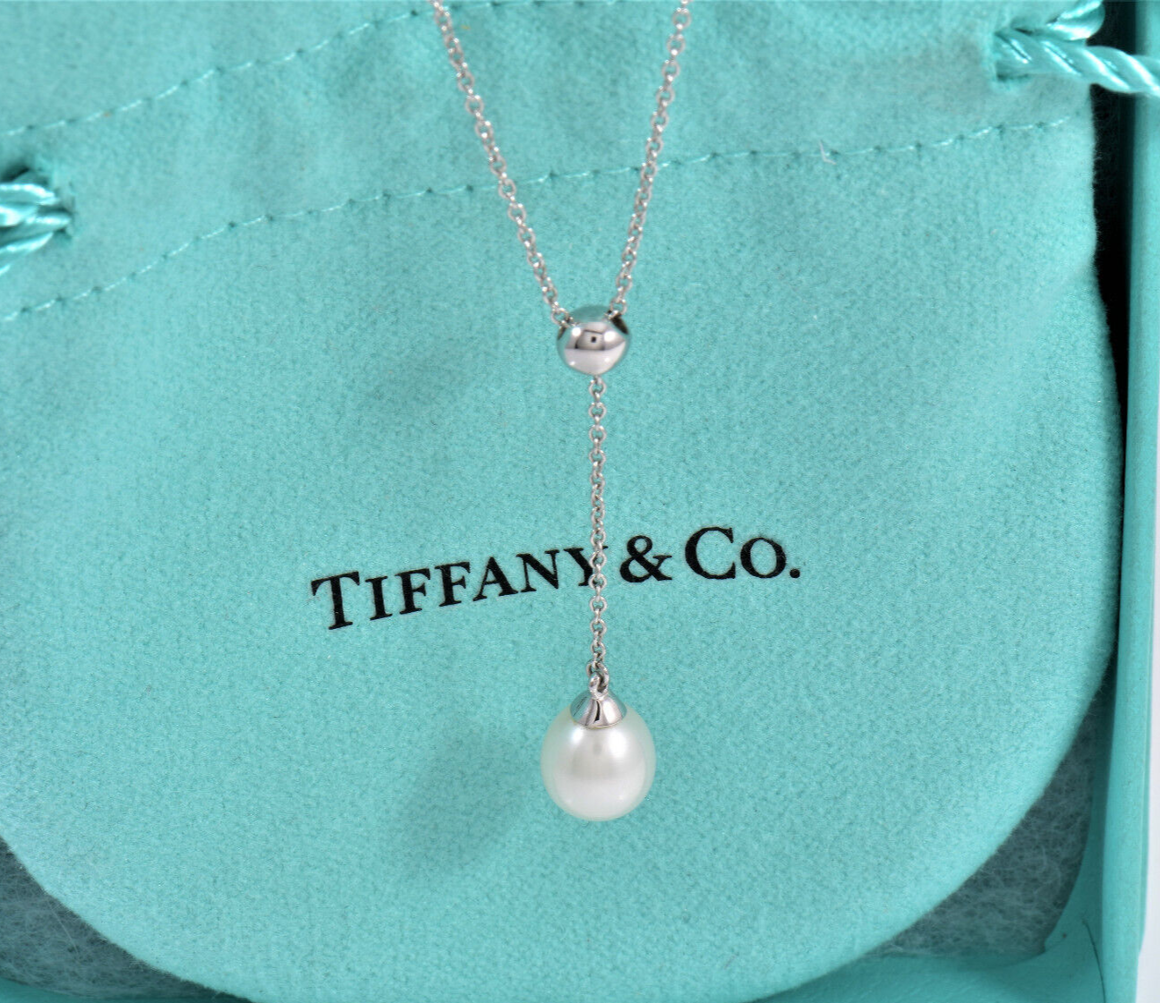 Tiffany & Co 18K White Gold Bead Pearl Drop Pendant Dangle Necklace in Box Pouch