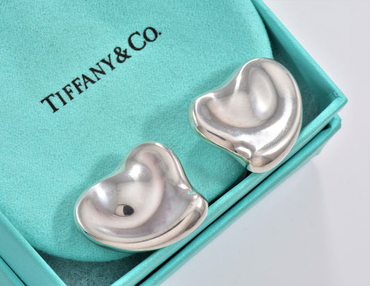 Tiffany & Co Silver Elsa Peretti Large 29mm Full Heart Stud Earrings in Pouch 1"