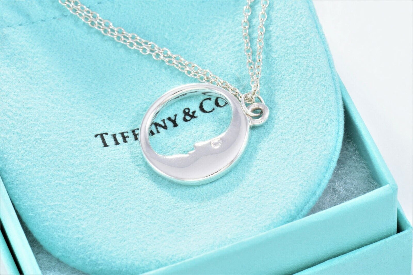 Tiffany & Co Sterling Silver Man In The Moon Double Chain Necklace 16" in Pouch