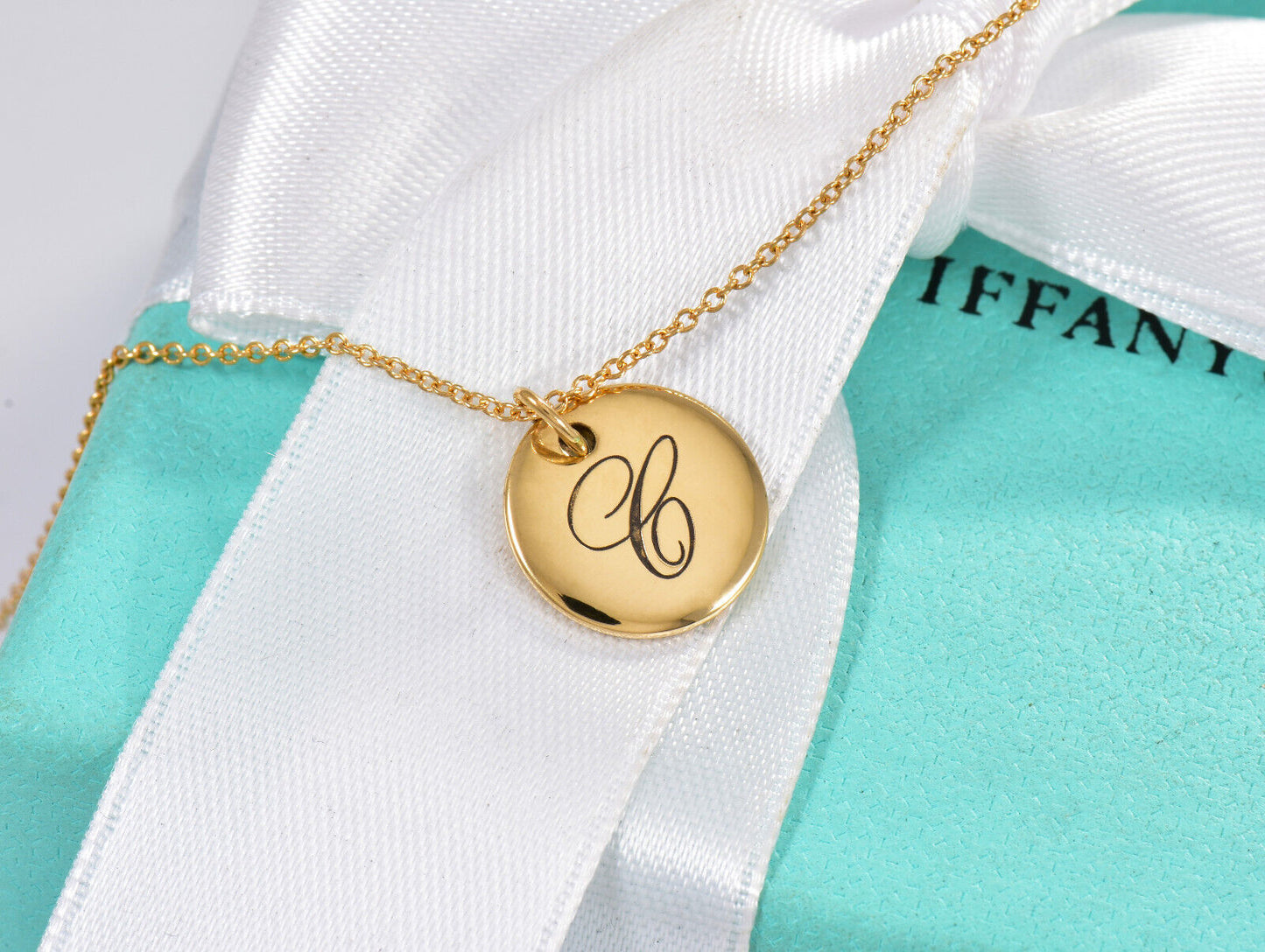 Tiffany & Co 18K Yellow Gold Circle Notes Letter C Disc Pendant 18" Necklace Box