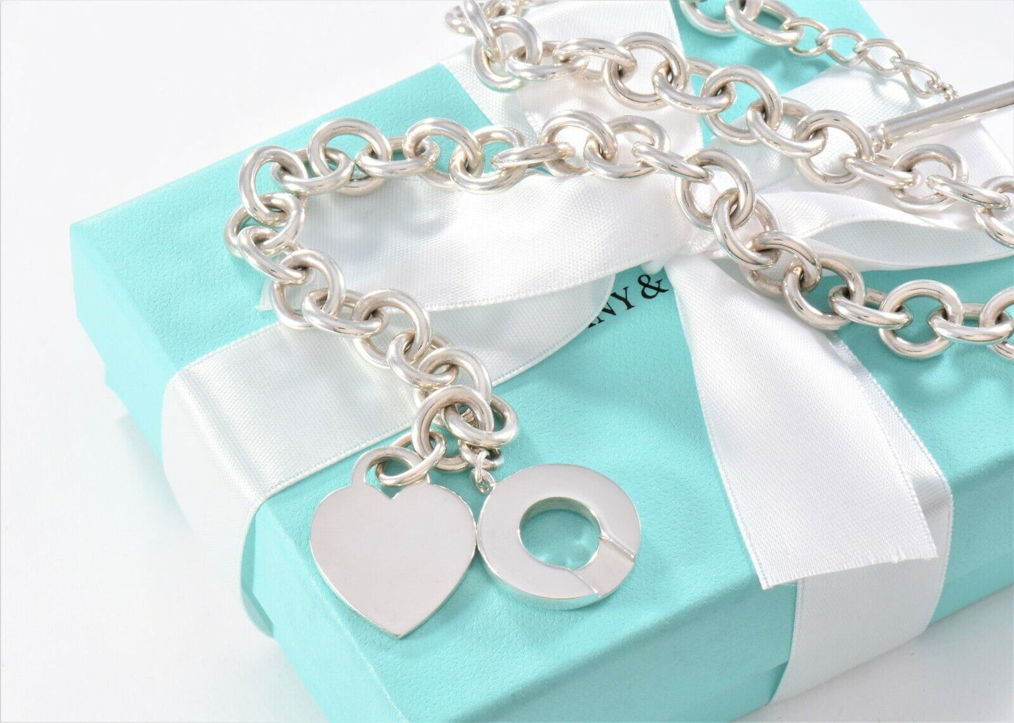 Tiffany & Co Silver Blank Heart Tag Engravable Toggle Chain Necklace 16.5" Pouch