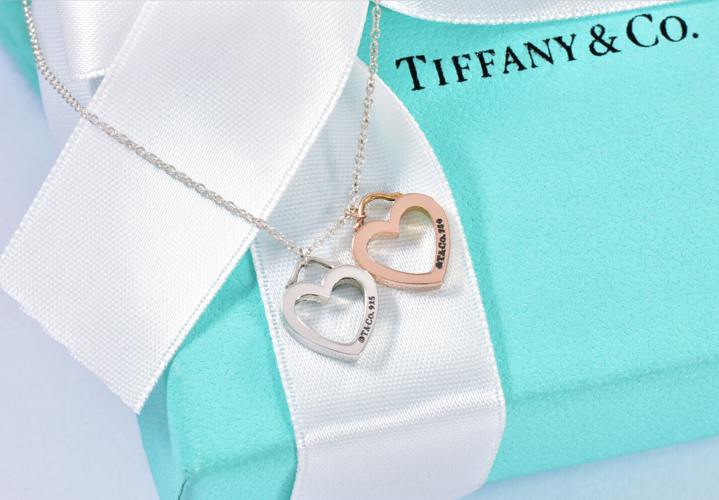 Tiffany & Co 18K Gold Silver Sentimental Heart Two Pendant 16.25" Necklace Boxed