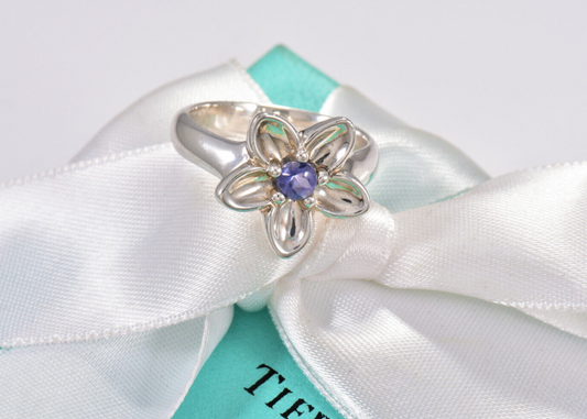 Tiffany & Co Silver Purple Iolite Gem Bead Daisy Flower Lily Blossom Ring Size 8