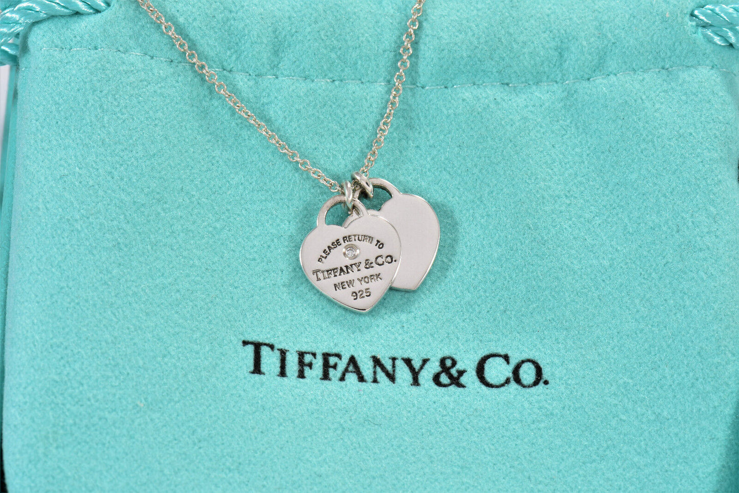 Return To Tiffany & Co Diamond Silver Mini Double Heart Pendant 16" Necklace