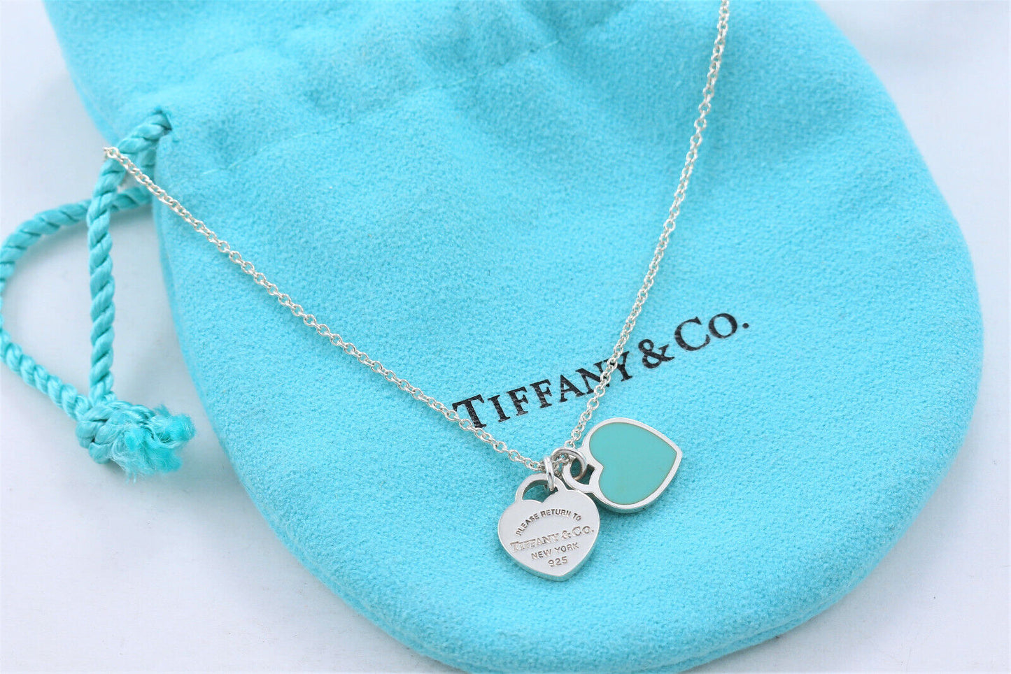 Please Return Tiffany & Co Silver Mini Double Heart Blue Enamel 16" Necklace Box