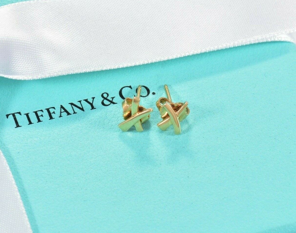 Tiffany & Co 18k Yellow Gold "X" Signature Stud 9mm Small Earrings and Box Pouch