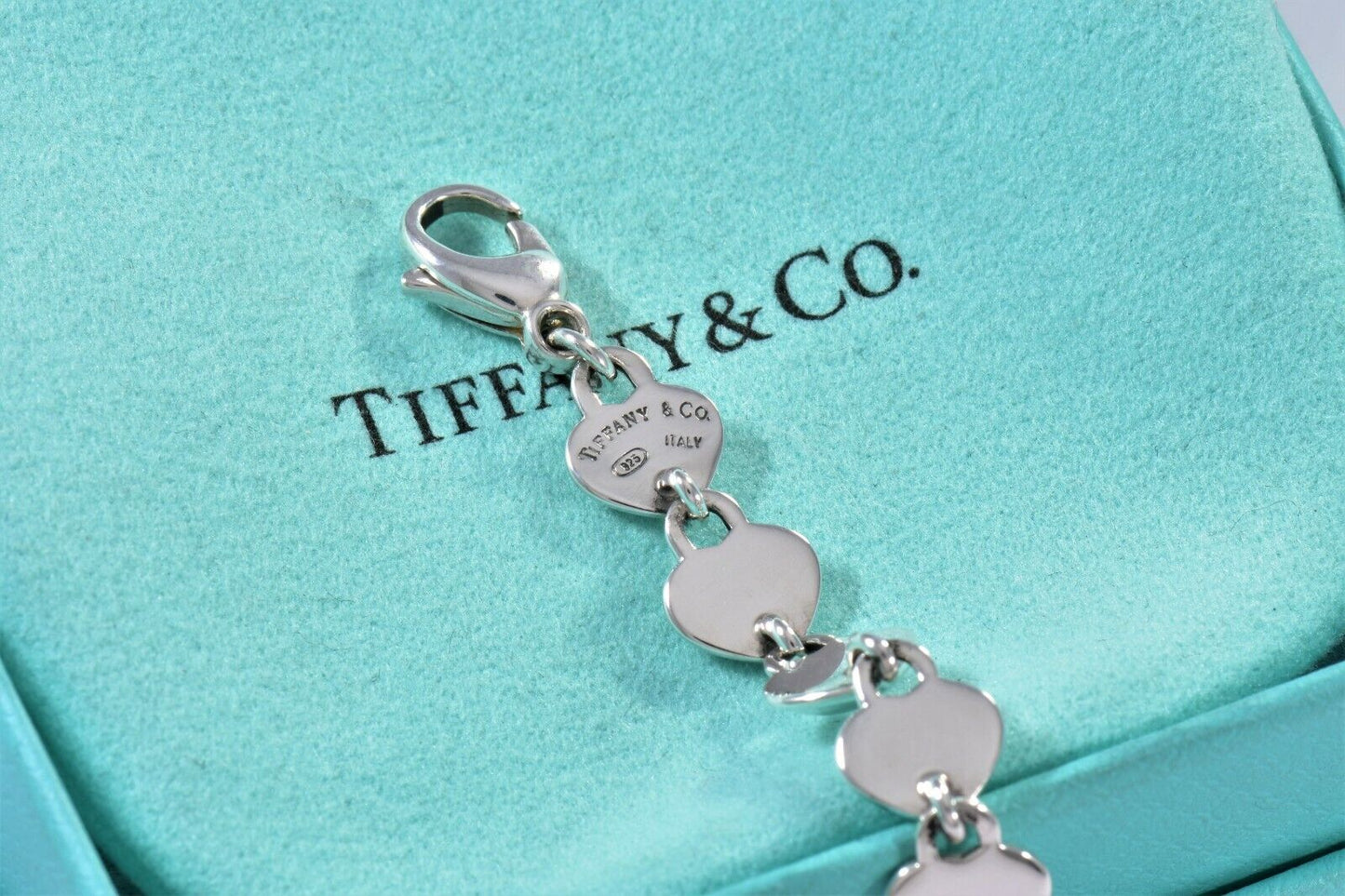 Vintage Tiffany & Co Italy Silver Heart Padlock Link Bracelet & Pouch Lock Charm