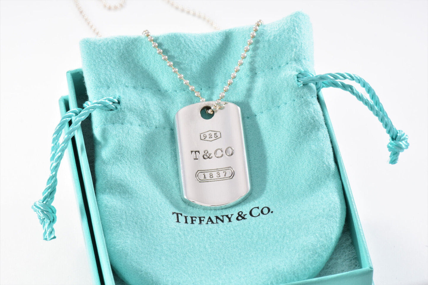 Tiffany & Co Silver 1837 DogTag Pendant 18.25" Bead Chain Necklace in Pouch Mens