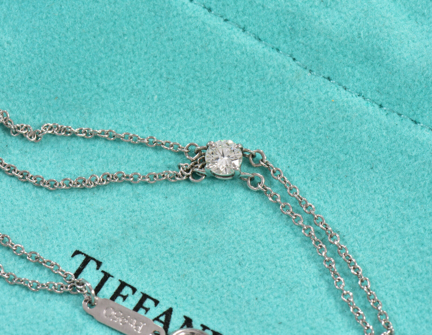 Tiffany & Co .17 ct Diamond Solitaire Platinum Double Chain Bracelet & Box Pouch