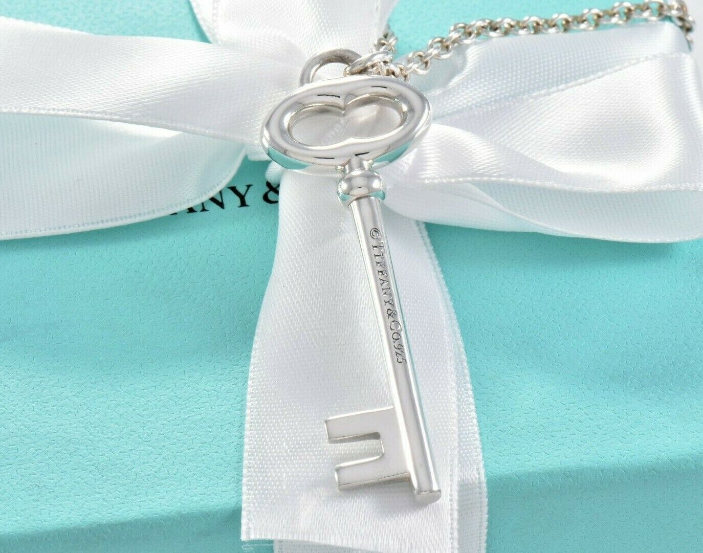 Tiffany & Co Silver Large 2" Oval Key Charm Pendant 16.25" Chain Necklace in Box