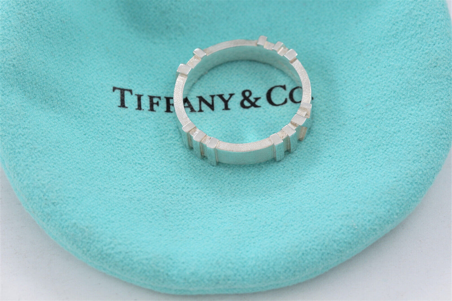 Tiffany & Co Brushed Silver Atlas Roman Numeral Matte Band Ring Size 7.5 & Pouch