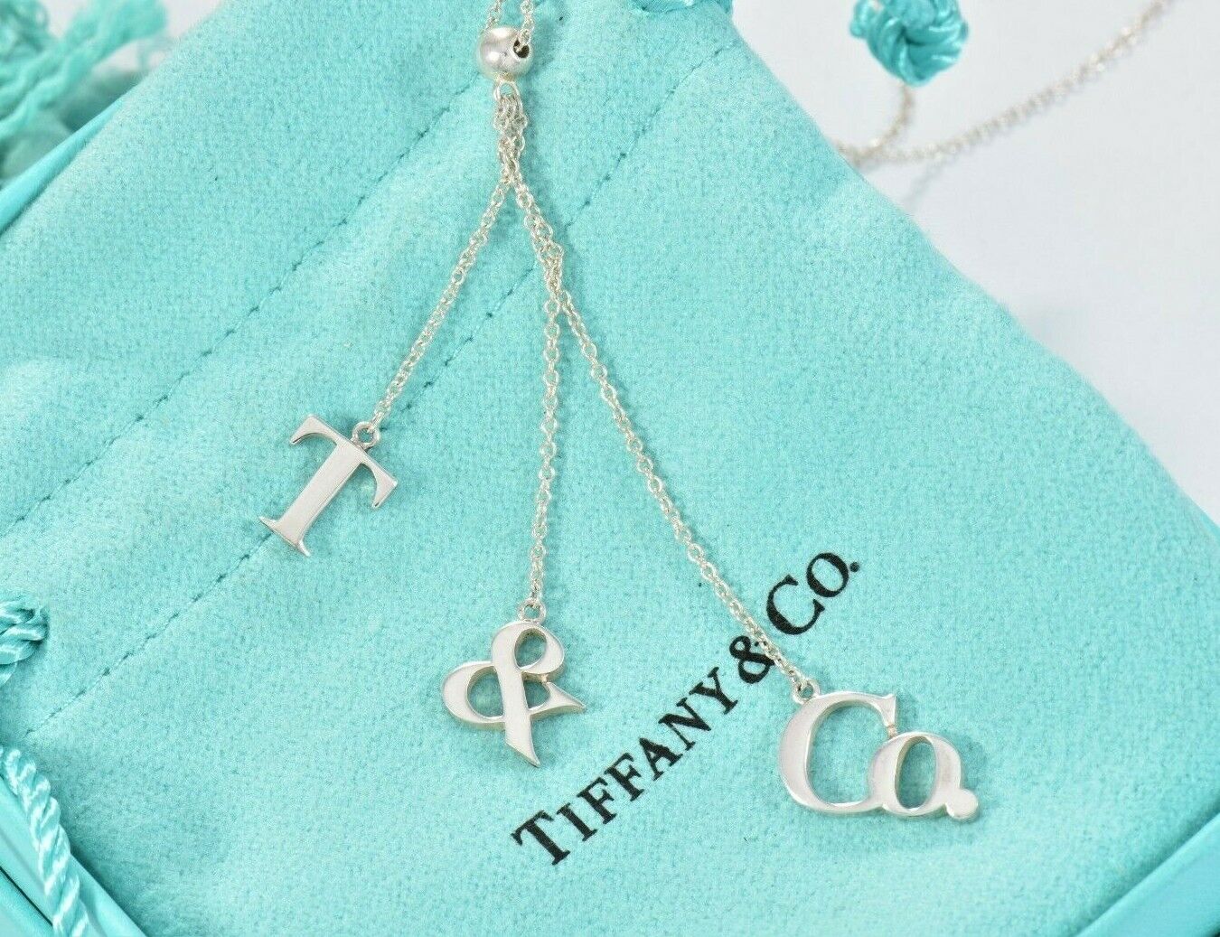 Tiffany & Co Sterling Silver Bead T Dangle Pendant Dangling Necklace in Box Rare