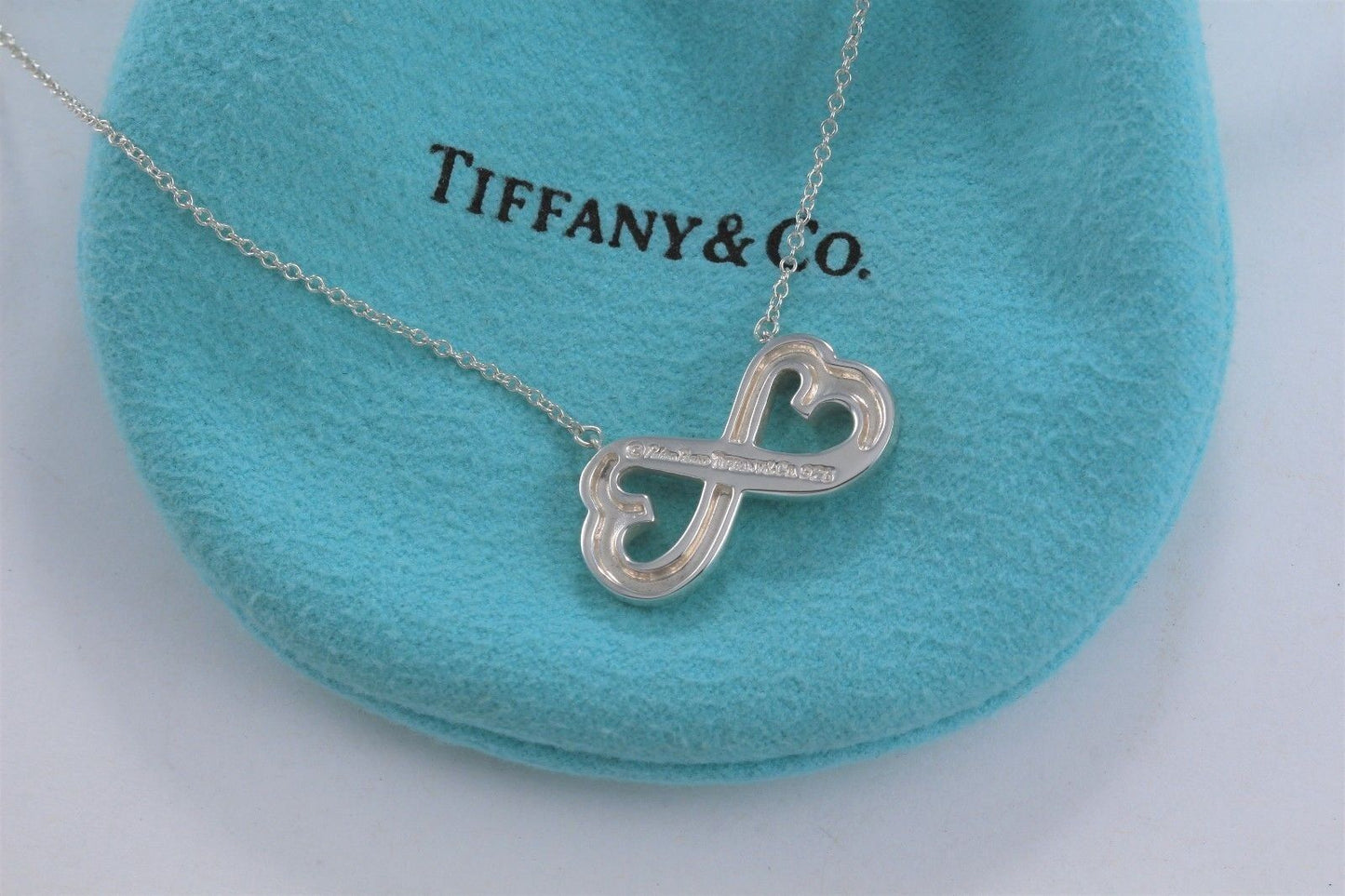 Tiffany & Co Paloma Picasso Double Loving Heart Infinity Necklace 16.55" & Pouch