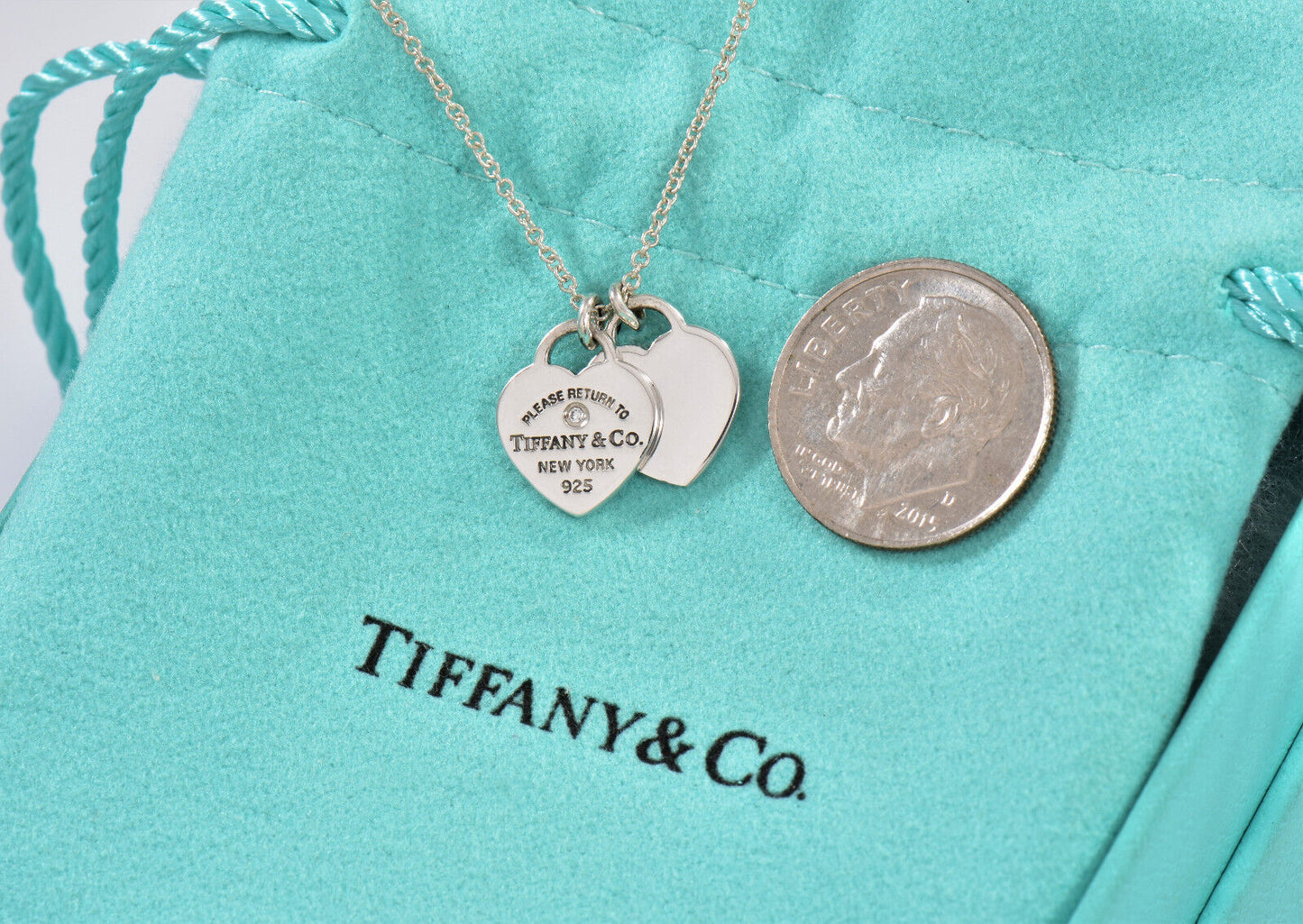 Return To Tiffany & Co Diamond Silver Mini Double Heart Pendant 16" Necklace