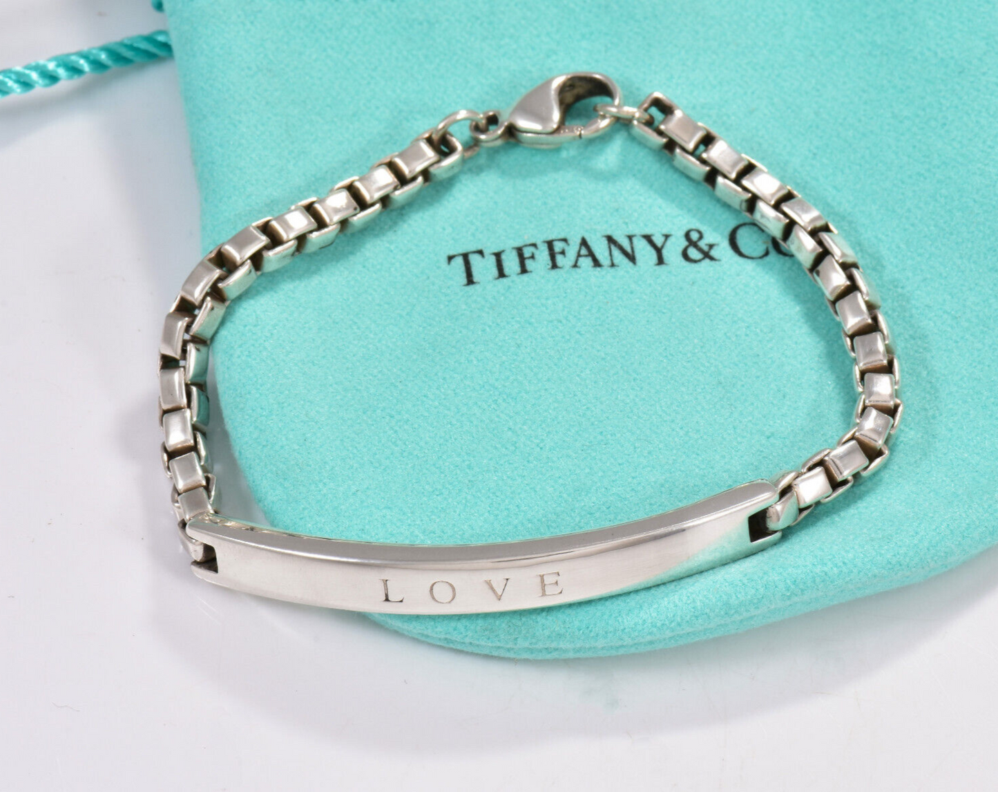 Tiffany & Co Silver LOVE Engraved Venetian Box Link ID Bar Bracelet 6.75" Pouch