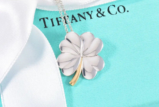 Tiffany & Co 18k Gold Silver Four Leaf Clover Pendant Necklace & Pouch Rare Luck