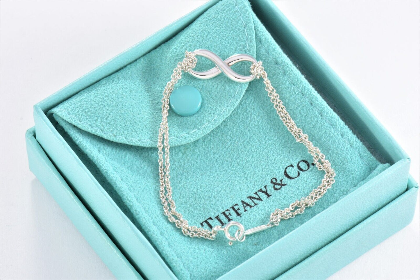 Tiffany & Co Sterling Silver Double Chain Infinity Bracelet 6.35" in Pouch Love