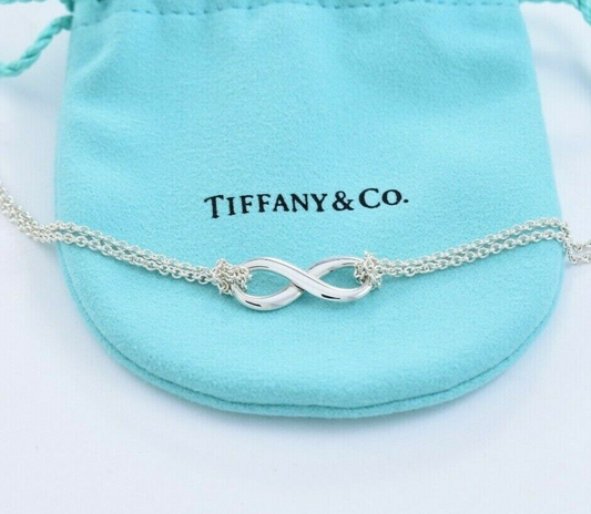 Tiffany & Co Sterling Silver Infinity Pendant 16" Double Chain Necklace in Pouch