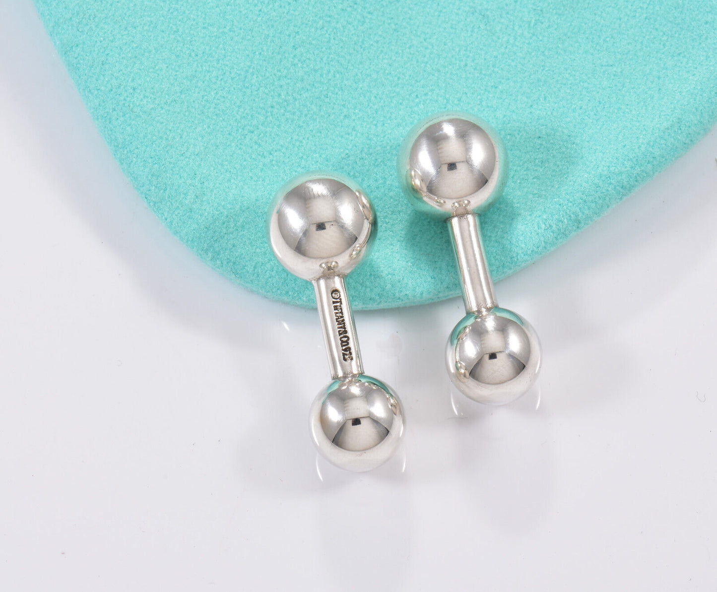 Tiffany & Co Silver Bar Bell Ball Cufflinks in Pouch for Men Suit Pilot Tuxedo