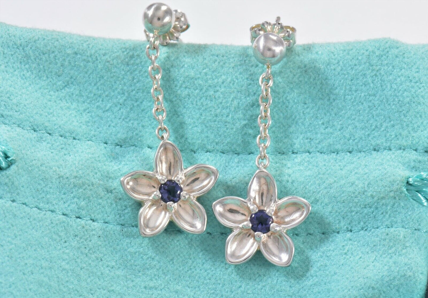 Tiffany & Co Silver Purple Iolite Gem Flower Dangle Earrings & Pouch Rare Lovely