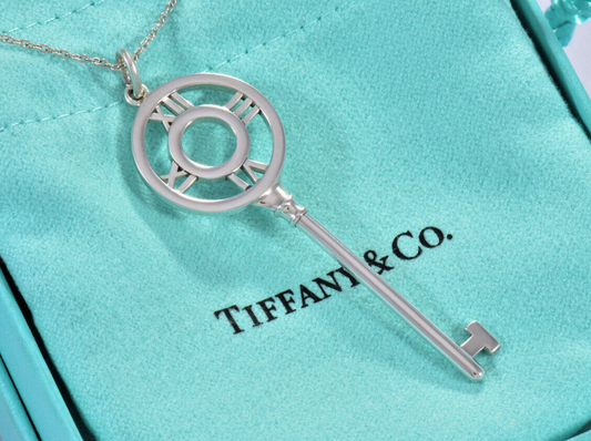 Tiffany & Co Silver 2.25" Atlas Charm Key Pendant 30.25" Necklace in Pouch XL