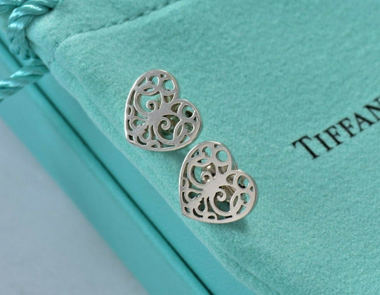 Tiffany & Co Sterling Silver Enchant Scroll Heart Earrings and Pouch Stud Lovely