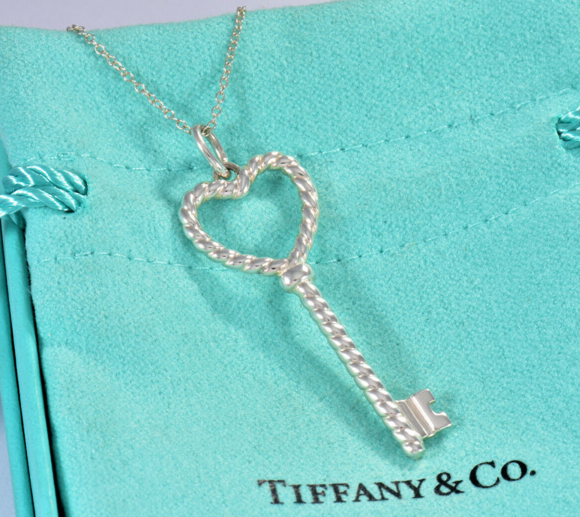 Tiffany & Co Silver Large 2" Heart Rope Twist Key Charm Pendant 16" Necklace Box