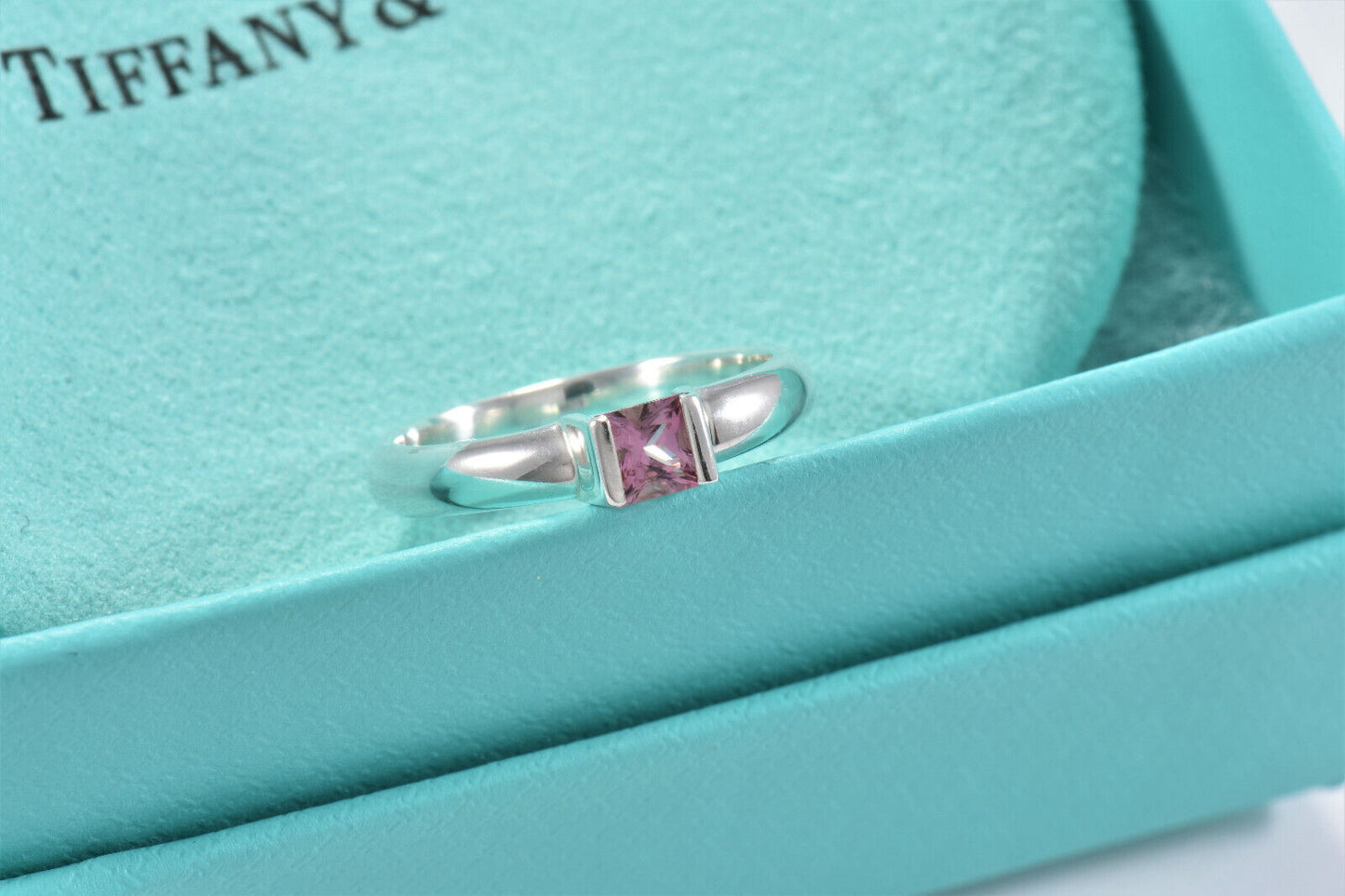 Tiffany & Co Sterling Silver Pink Sapphire Square Stack Band Ring Size 6 Boxed