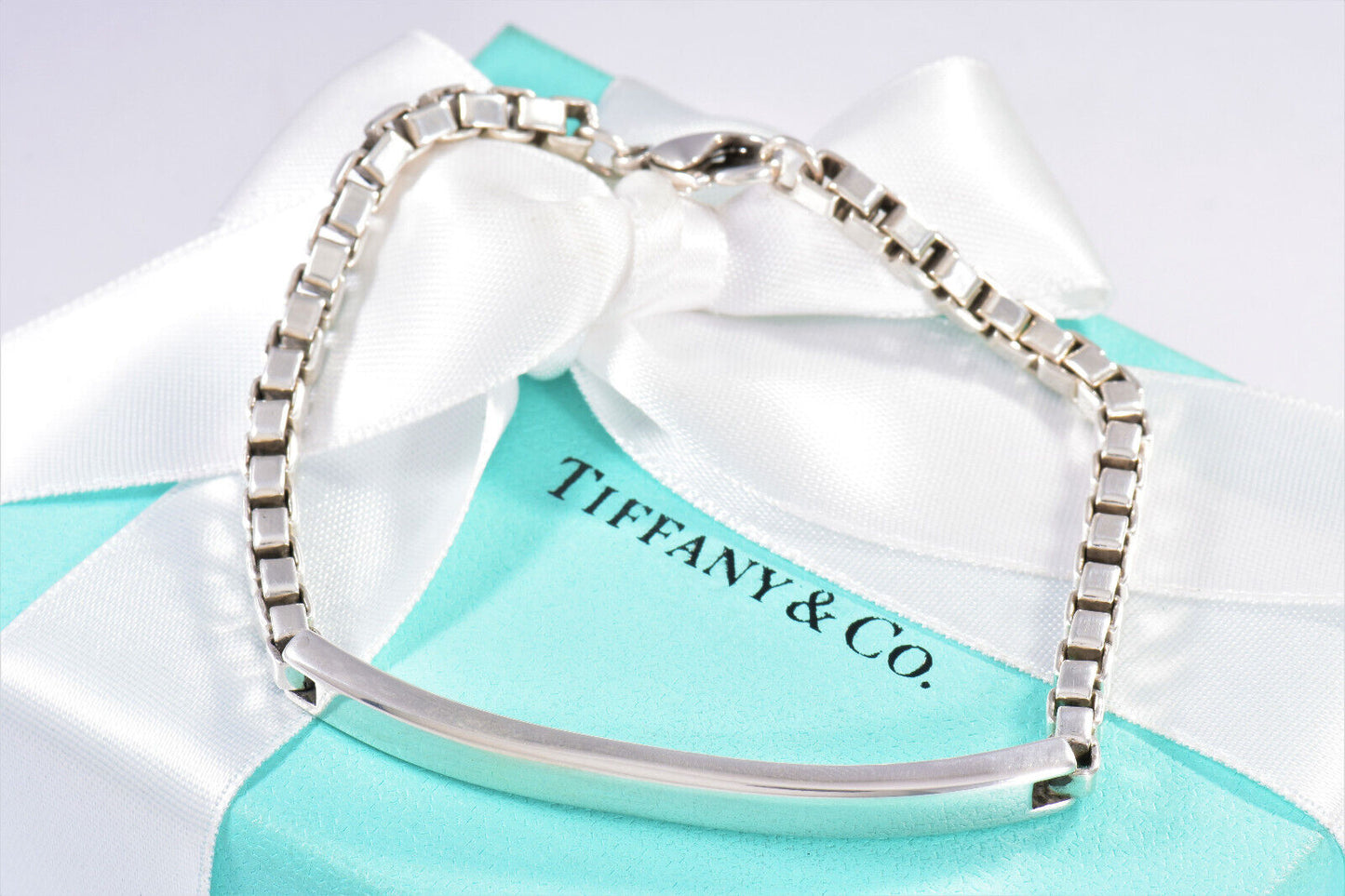 Tiffany & Co Sterling Silver Venetian Box Link ID Bar Bracelet 7.95" Mens Pouch