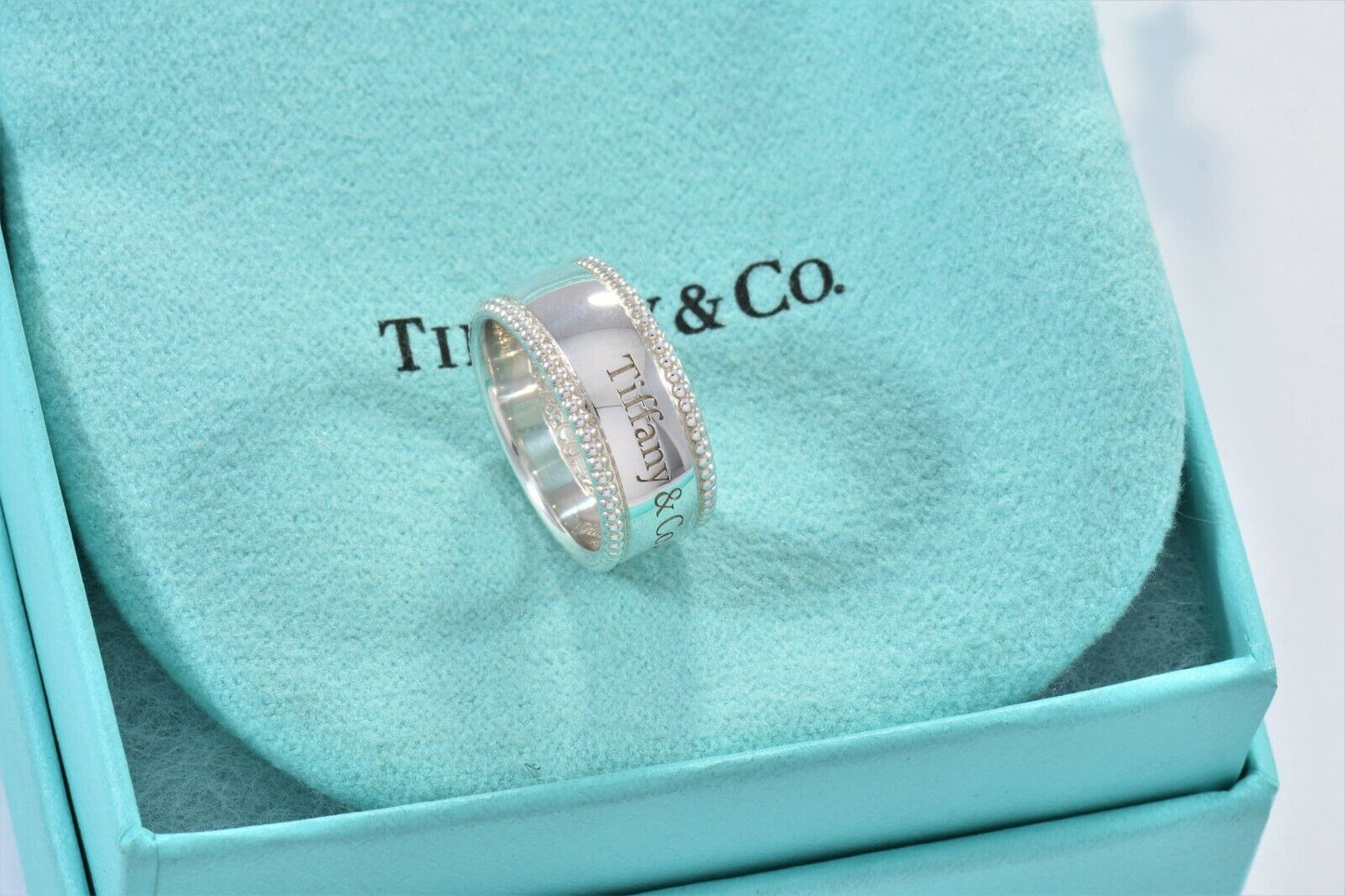 Tiffany & Co Sterling Silver Yours Bead Edge Band Ring Size 4.5 & Pouch Lovely