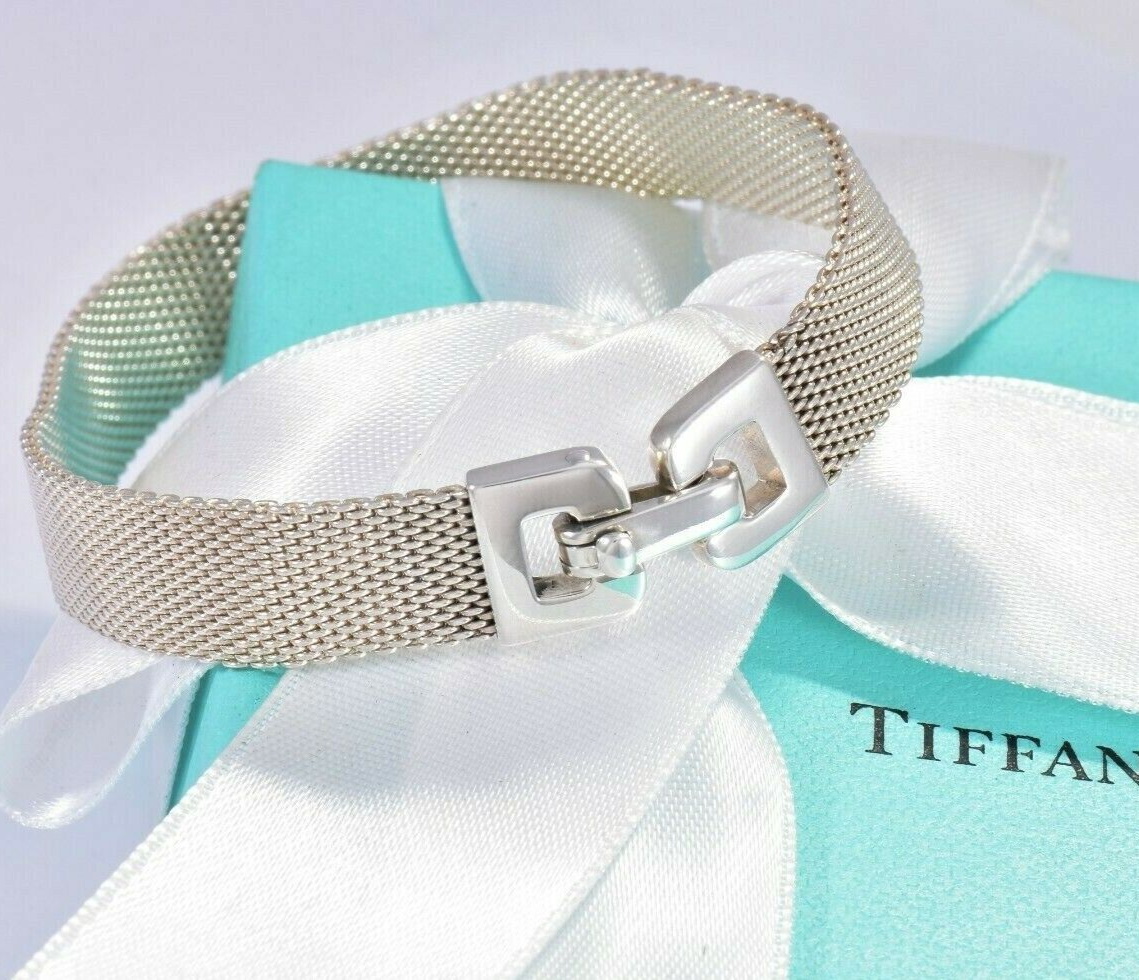 Tiffany & Co Sterling Silver Somerset Mesh Buckle 7" Bracelet & Pouch Rare Weave