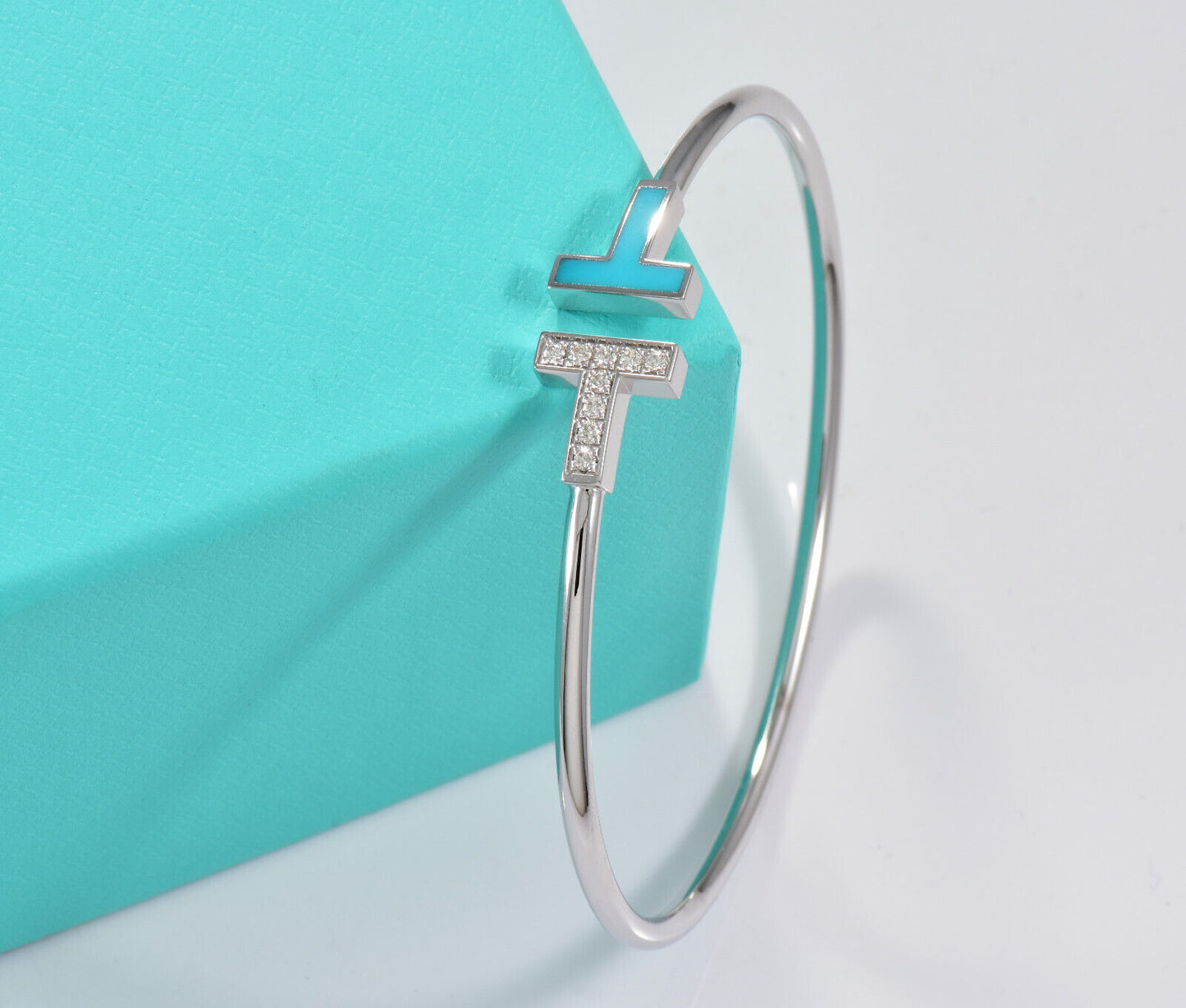 Tiffany & Co Diamond 18K White Gold Blue Turquoise T Wire Large Bracelet in Box