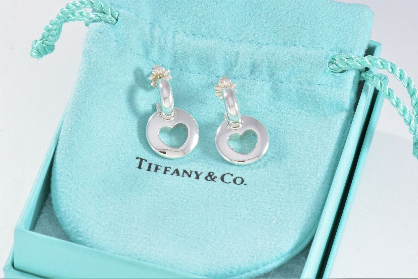 Tiffany & Co Silver Open Heart Cutout Hoop Dangle Stencil Love Earrings 2 in 1